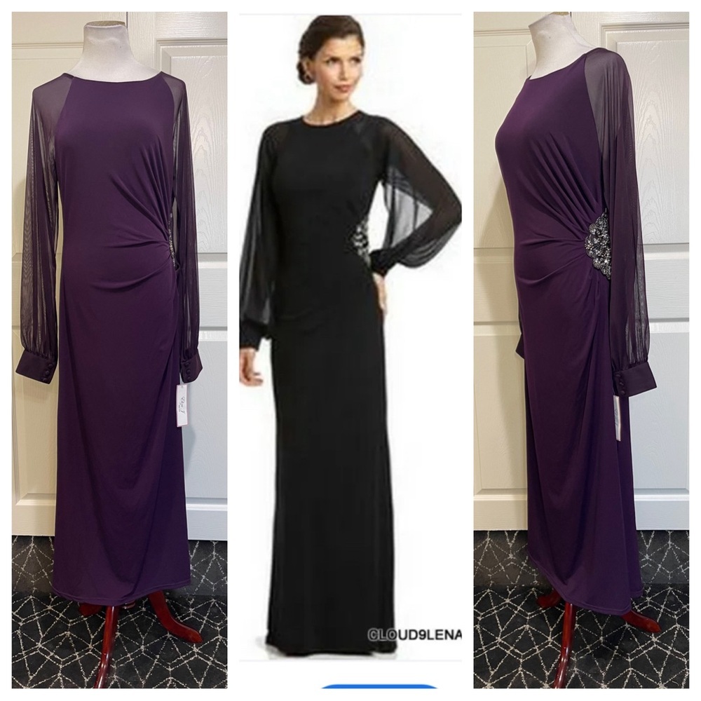 NWT! ELIZA J. Sheer Sleeves Embellished beaded Waist Gown